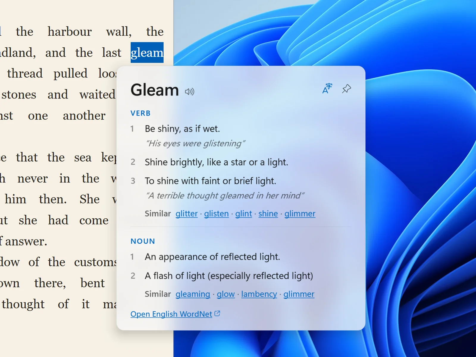 La definición de «gleam»: sus acepciones como verbo y como sustantivo, con ejemplos y sinónimos