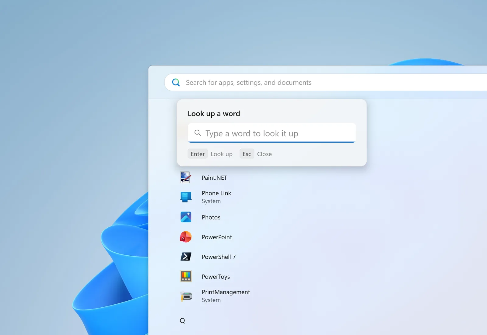 El cuadro «Buscar una palabra» de WinDict abierto sobre el menú Inicio de Windows