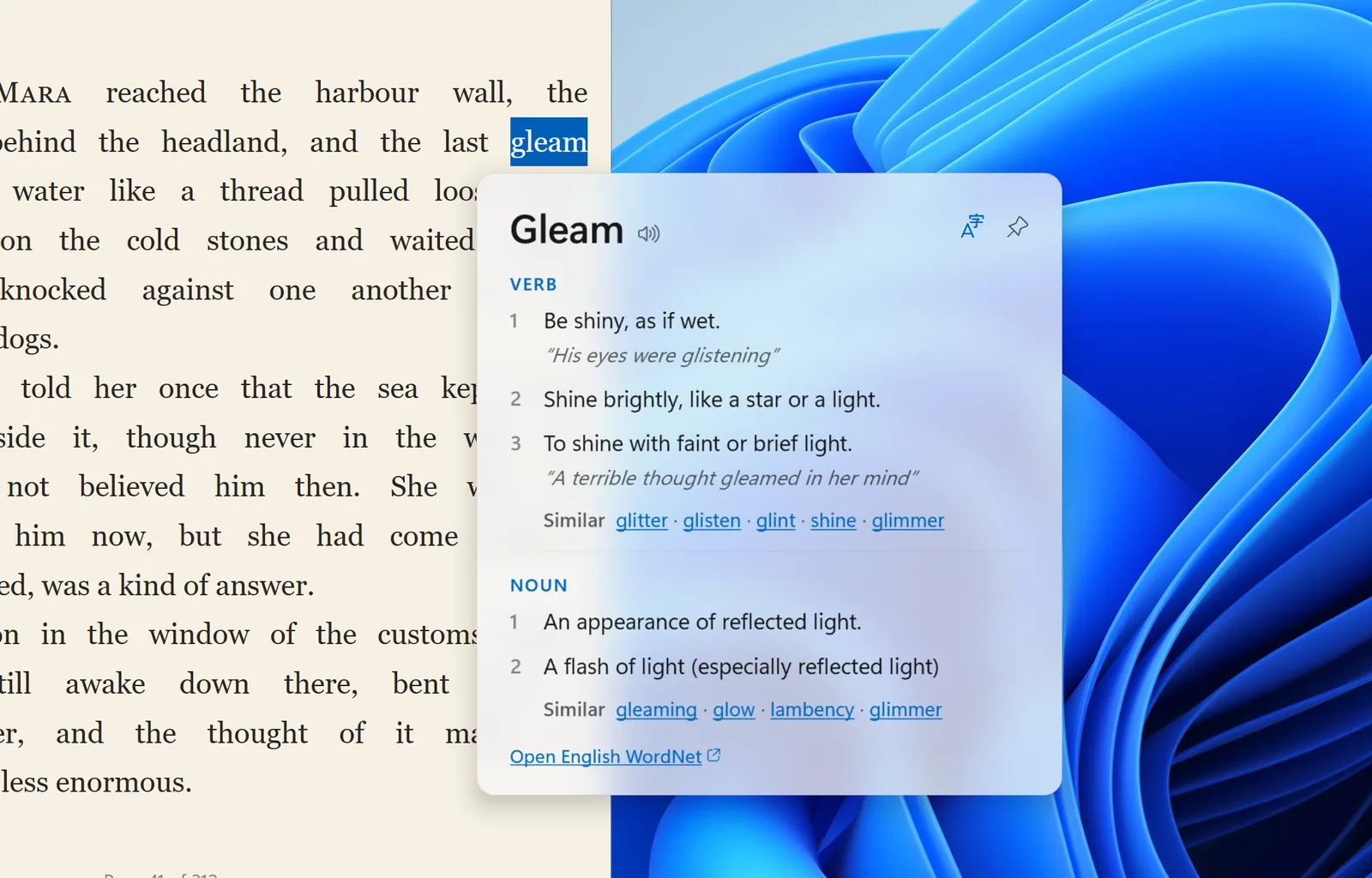 La scheda di WinDict con la definizione di “gleam”, accanto alla parola selezionata in un e-book