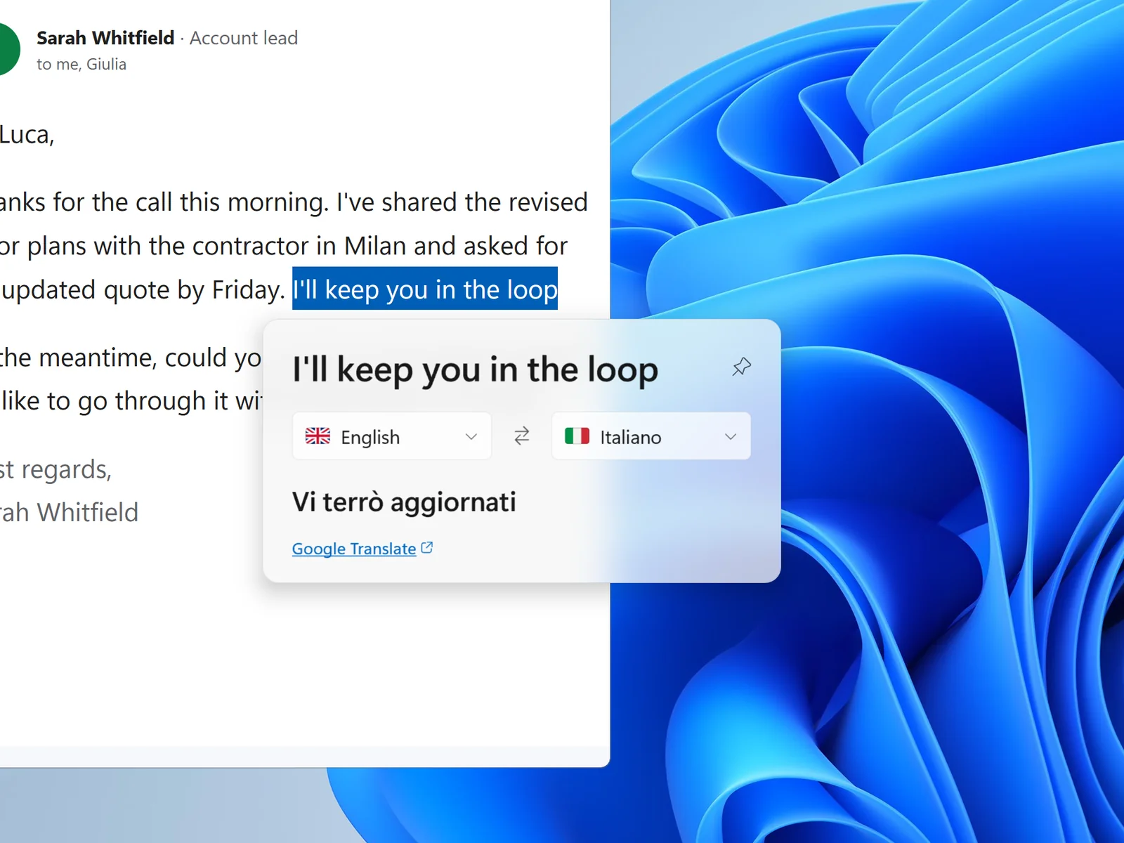 “I’ll keep you in the loop”, selecionado num e-mail e traduzido para o italiano no cartão do WinDict